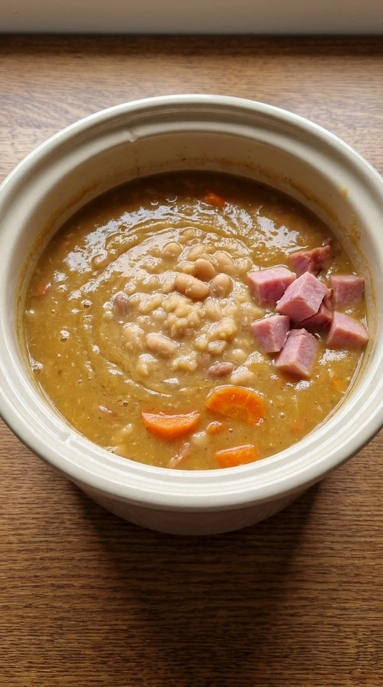 Crockpot Ham and Bean Soup thickened broth with creamy beans and ham pieces Recipe focus: ham bean soup.