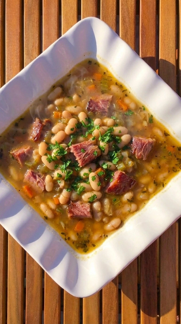Crockpot Ham and Bean Soup served with ham beans vegetables and parsley garnish Recipe focus: crockpot ham bean soup.