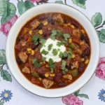 Crockpot Healthy Chili finished bowl with ground turkey beans and vegetables Recipe focus: healthy chili recipe crockpot.