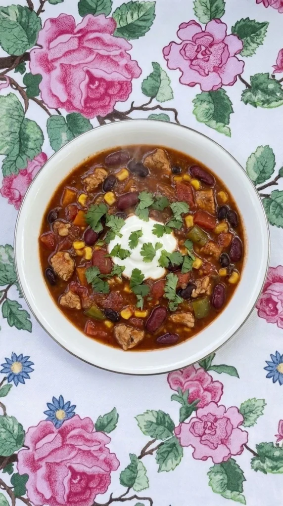 Crockpot Healthy Chili finished bowl with ground turkey beans and vegetables Recipe focus: healthy chili recipe crockpot.