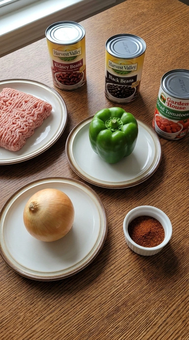 Crockpot Healthy Chili ingredients with vegetables beans turkey and spices Recipe focus: healthy turkey chili crockpot.