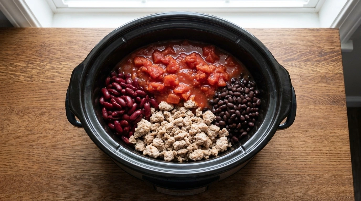 Crockpot Healthy Chili combined ingredients before slow cooking Recipe focus: vegetarian chili crock pot.