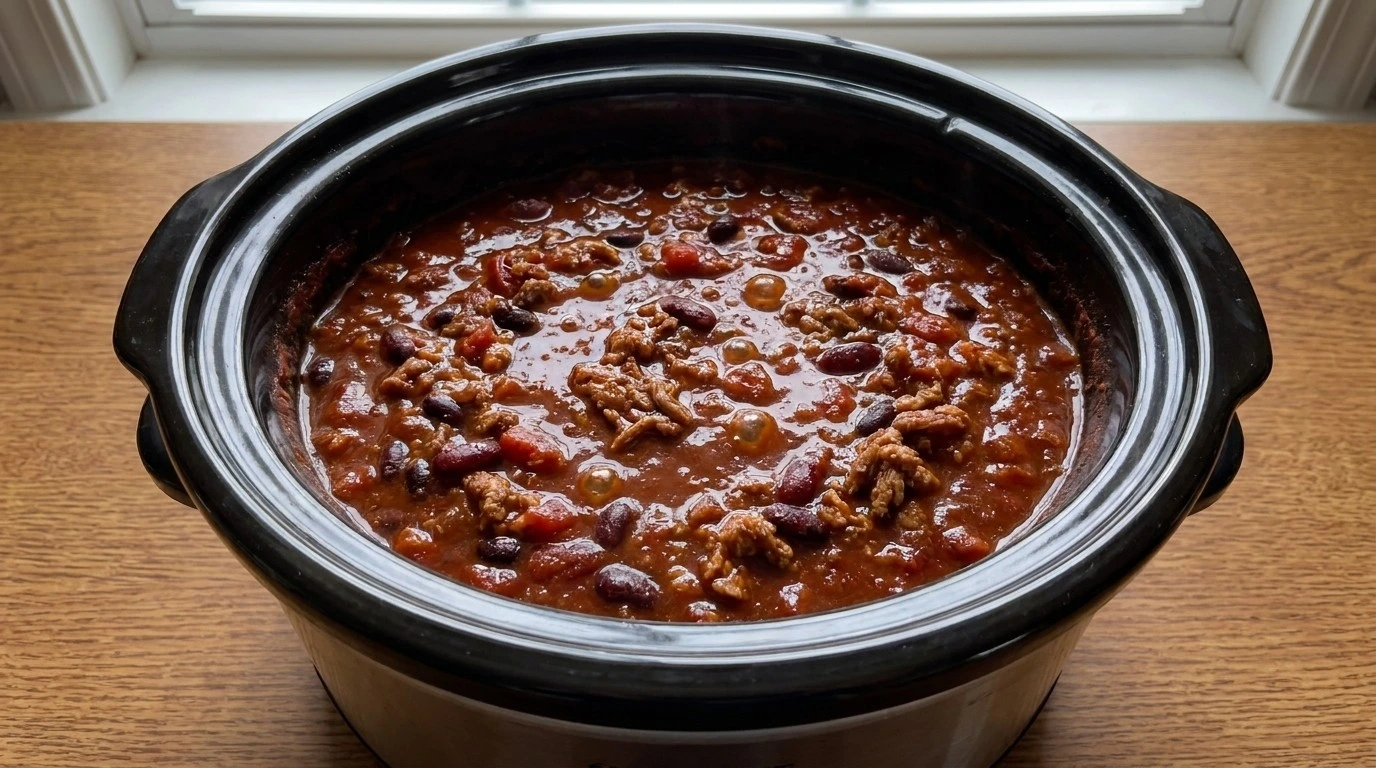 Crockpot Healthy Chili slow cooking with thick red chili texture Recipe focus: best easy chili recipe.