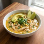 Crockpot Healthy White Chicken Chili in a bowl with shredded chicken white beans and avocado topping Recipe focus: healthy white chicken chili crockpot.