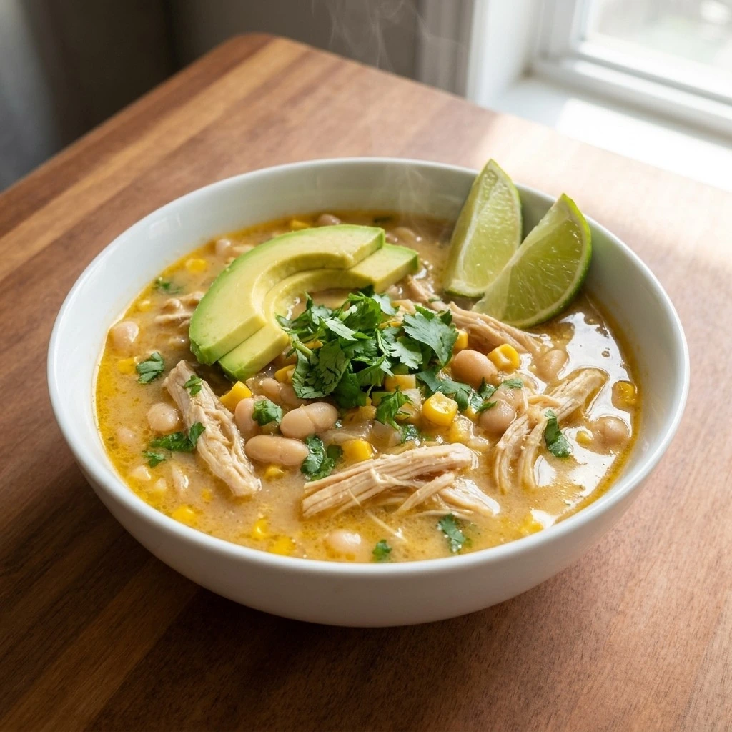Crockpot Healthy White Chicken Chili in a bowl with shredded chicken white beans and avocado topping Recipe focus: healthy white chicken chili crockpot.