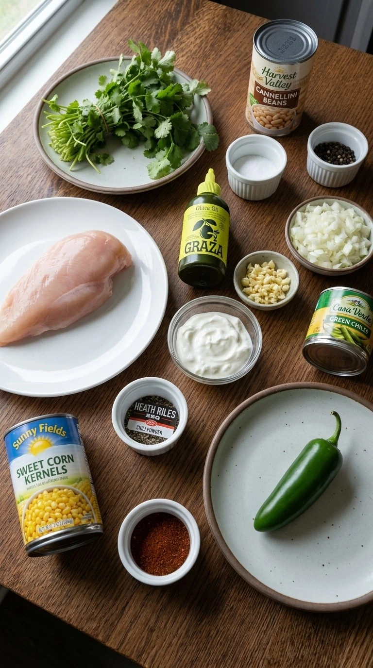 Crockpot Healthy White Chicken Chili ingredients including chicken breast white beans corn and spices Recipe focus: best white chicken chili recipe.
