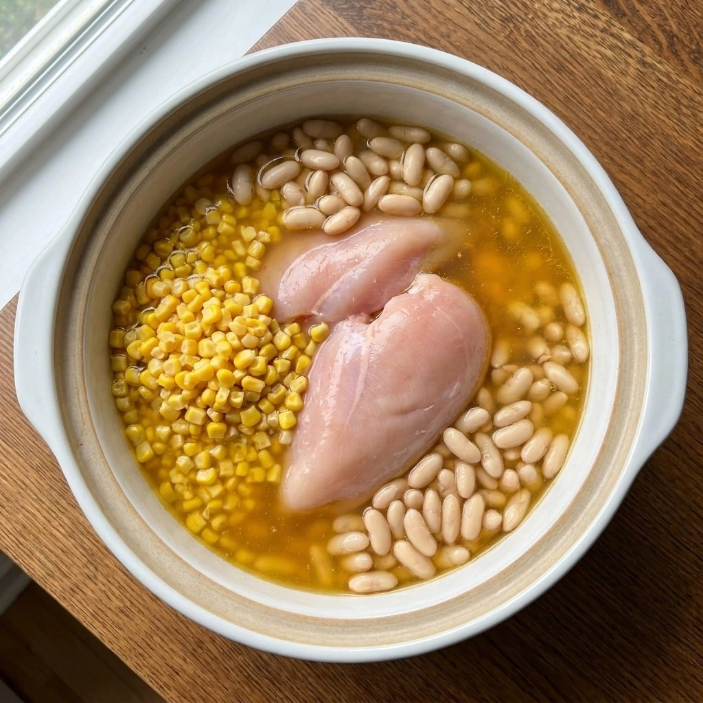 Crockpot Healthy White Chicken Chili ingredients cooking with chicken breast and beans in broth Recipe focus: white chicken chili with rotisserie.