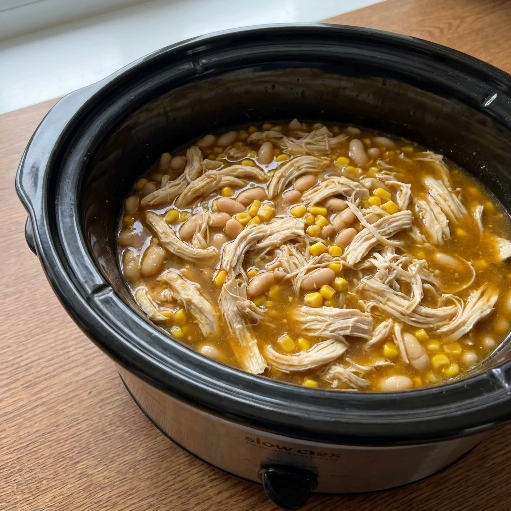 Crockpot Healthy White Chicken Chili with shredded chicken stirred through creamy broth Recipe focus: easy white bean chicken chili.