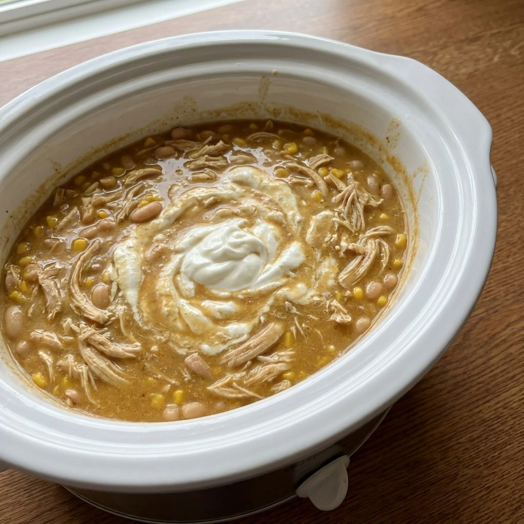 Crockpot Healthy White Chicken Chili becoming creamy with shredded chicken and beans Recipe focus: white chicken chili dairy free.