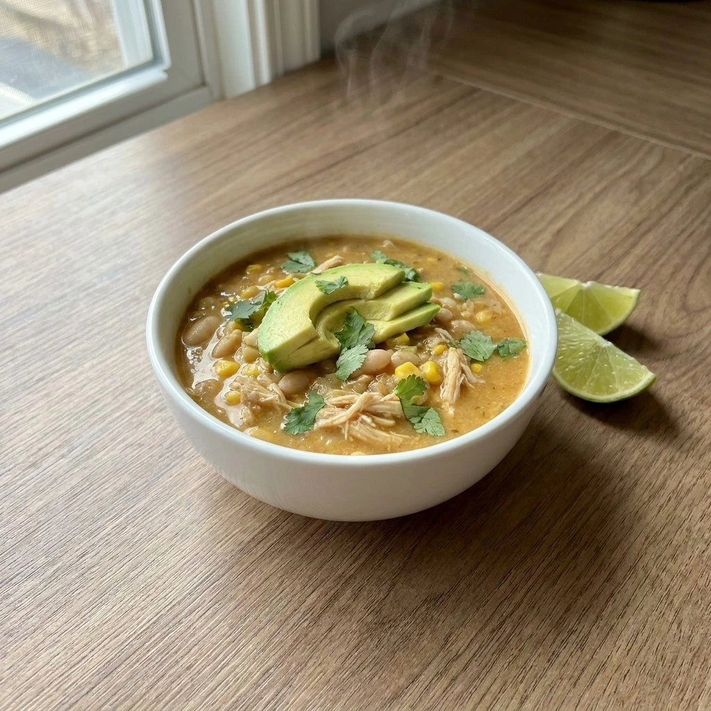 Crockpot Healthy White Chicken Chili served with avocado cilantro and lime toppings Recipe focus: dairy free white chicken chili.