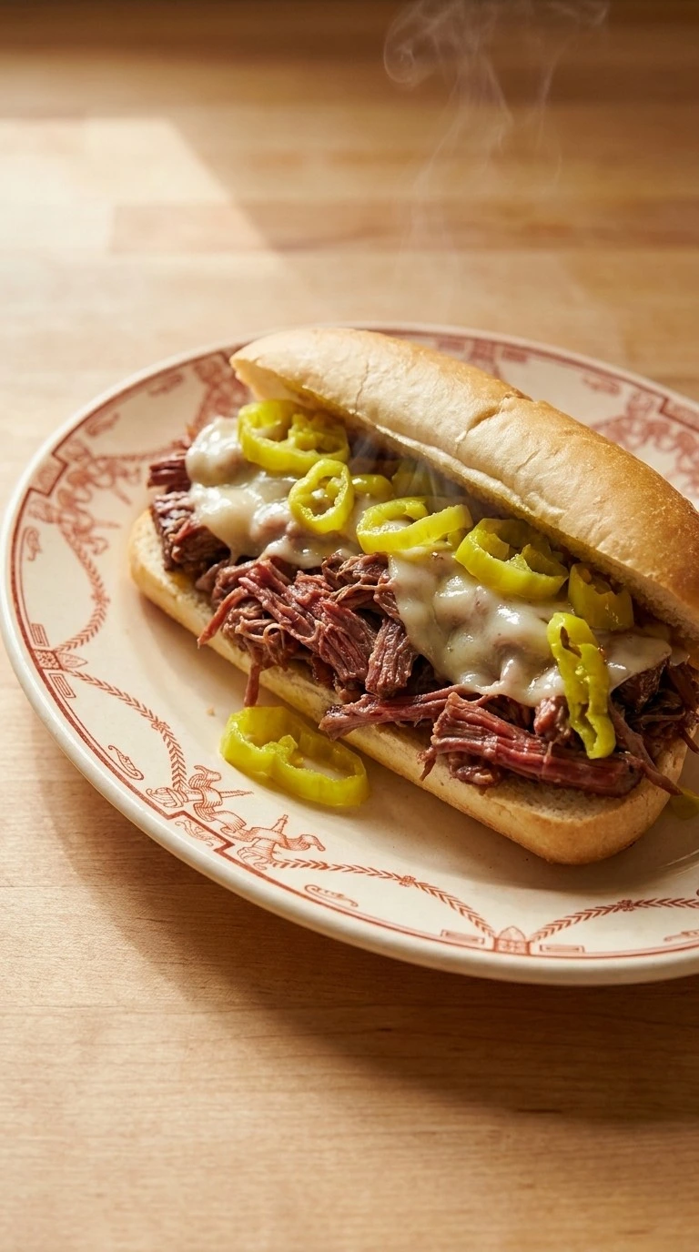 Crockpot Italian Beef Sandwiches filled with shredded beef and pepperoncini on a sandwich roll Recipe focus: slow cooker italian beef.