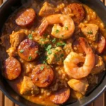 Crockpot Jambalaya with shrimp sausage chicken and rice in a slow cooker bowl Recipe focus: easy jambalaya recipe.