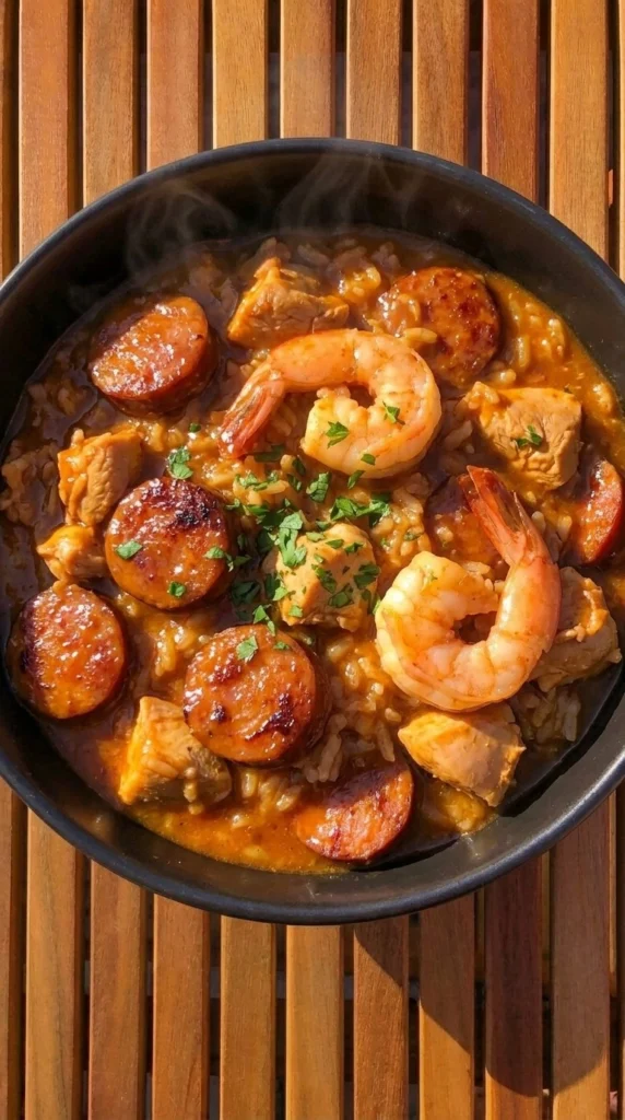 Crockpot Jambalaya with shrimp sausage chicken and rice in a slow cooker bowl Recipe focus: easy jambalaya recipe.