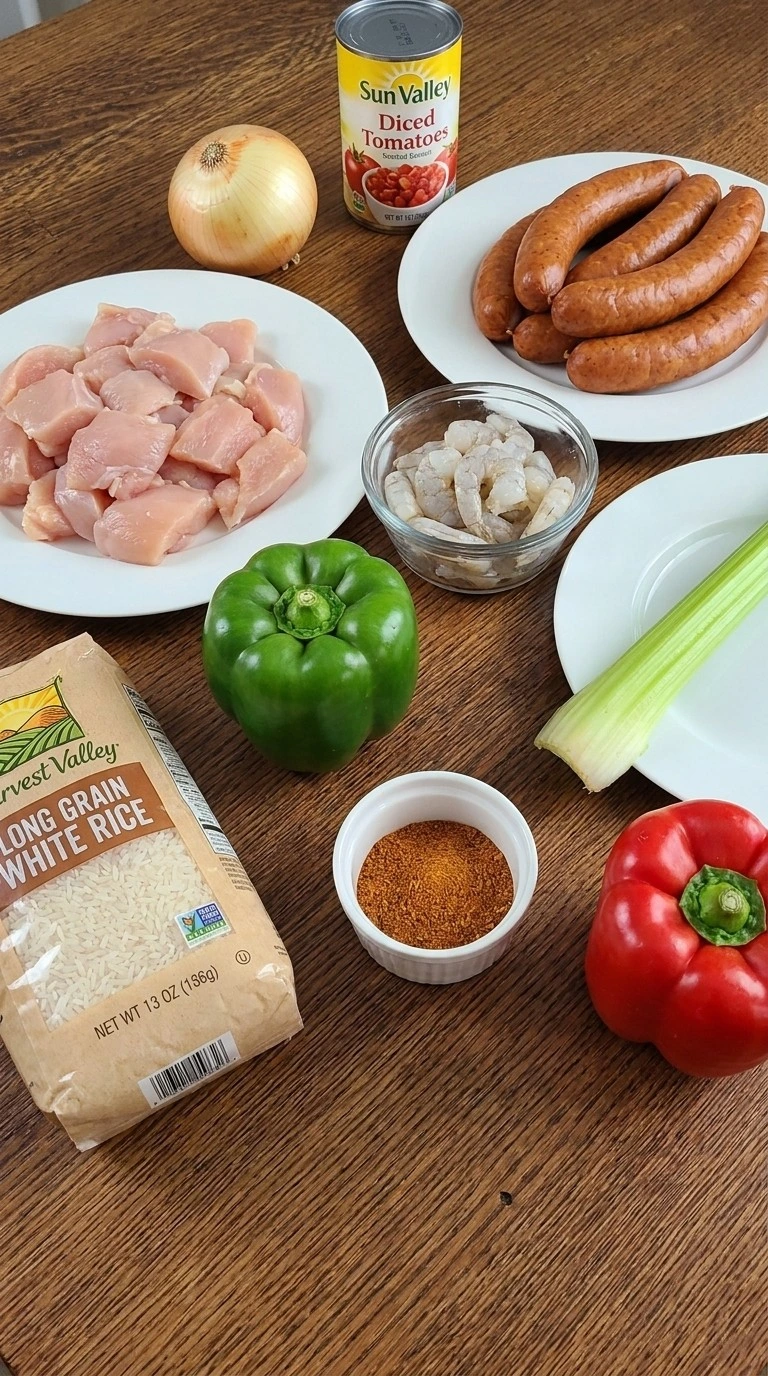 Crockpot Jambalaya ingredients with chicken sausage shrimp rice and vegetables Recipe focus: easy cajun recipes.