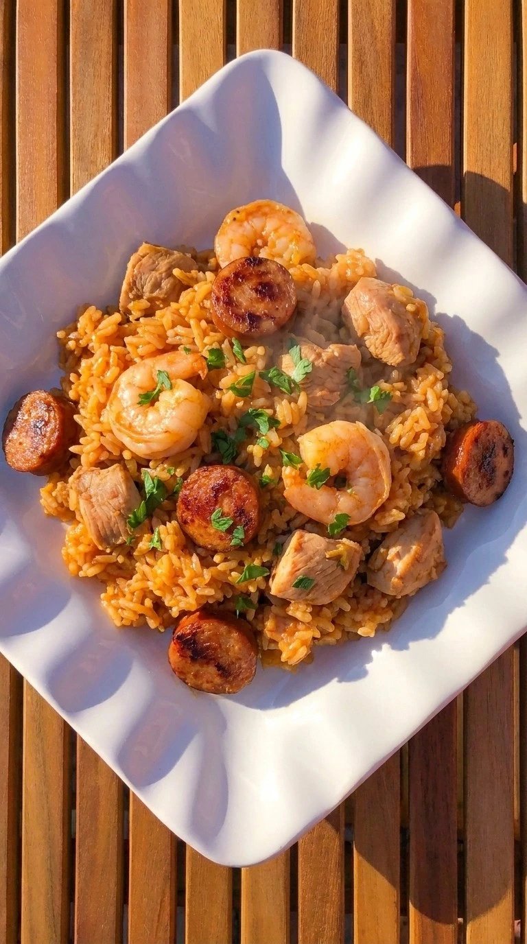 Crockpot Jambalaya served bowl with shrimp sausage chicken and rice Recipe focus: easy jambalaya recipe.