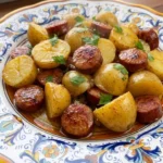 Crockpot Kielbasa and Potatoes finished dish with golden kielbasa slices and tender potatoes Recipe focus: kielbasa crockpot recipes.