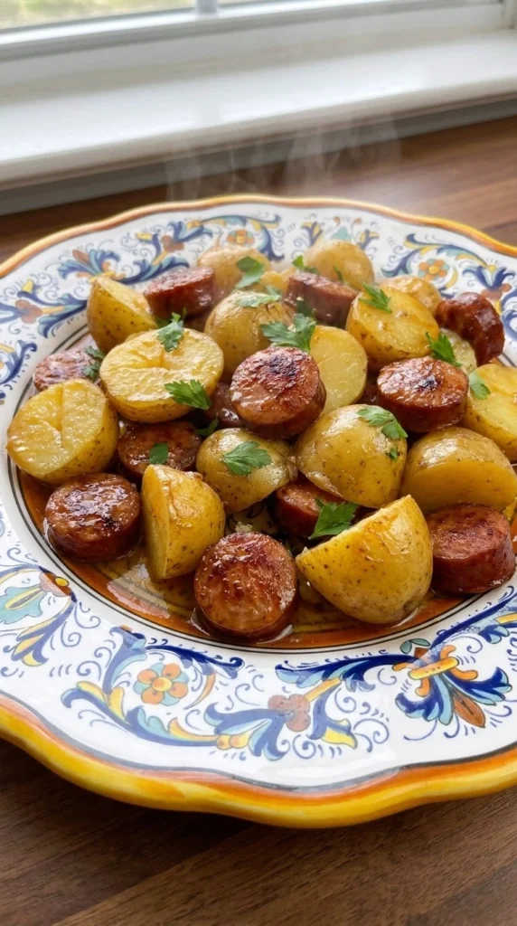 Crockpot Kielbasa and Potatoes finished dish with golden kielbasa slices and tender potatoes Recipe focus: kielbasa crockpot recipes.