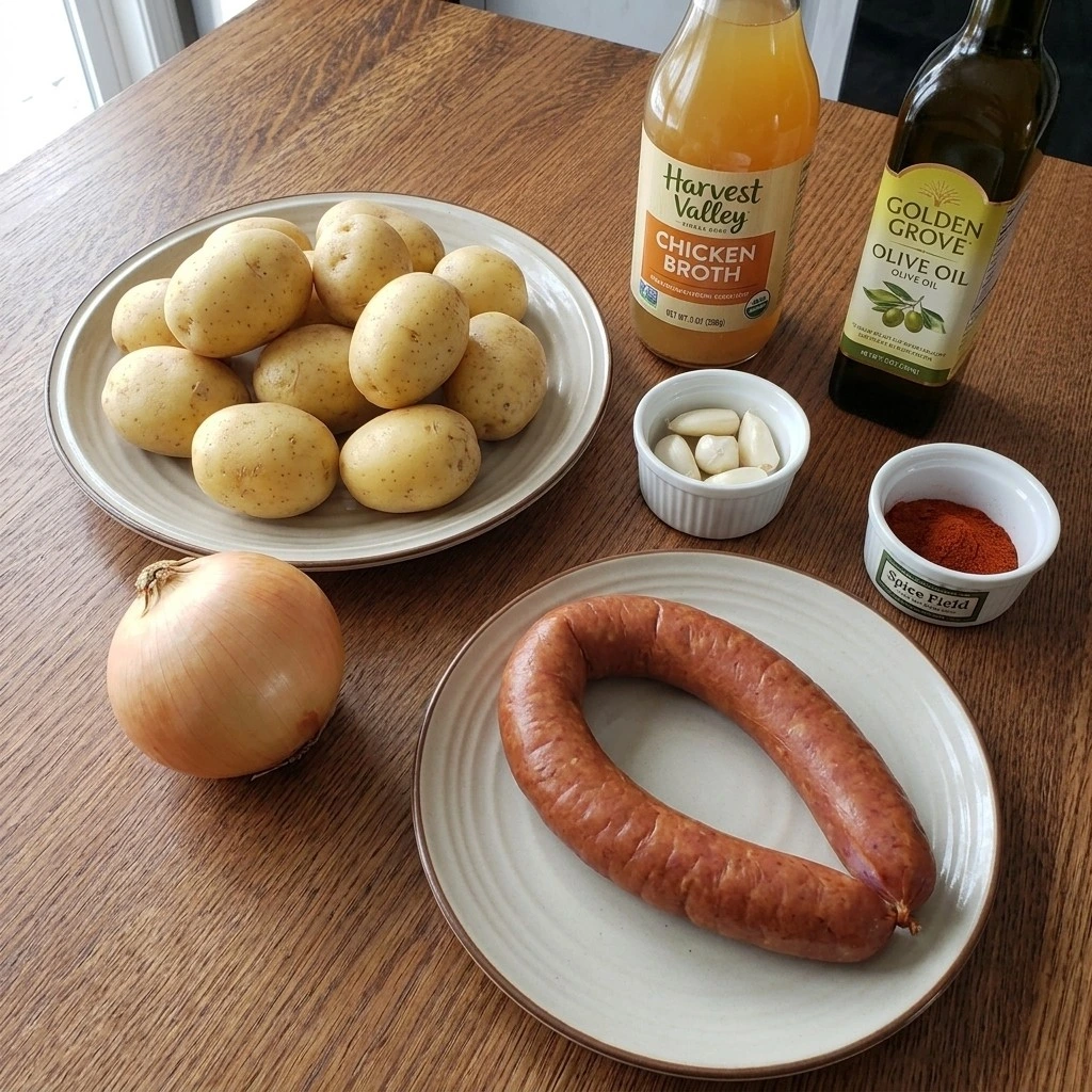 Crockpot Kielbasa and Potatoes ingredients including kielbasa sausage and baby potatoes Recipe focus: kielbasa and potatoes recipe.