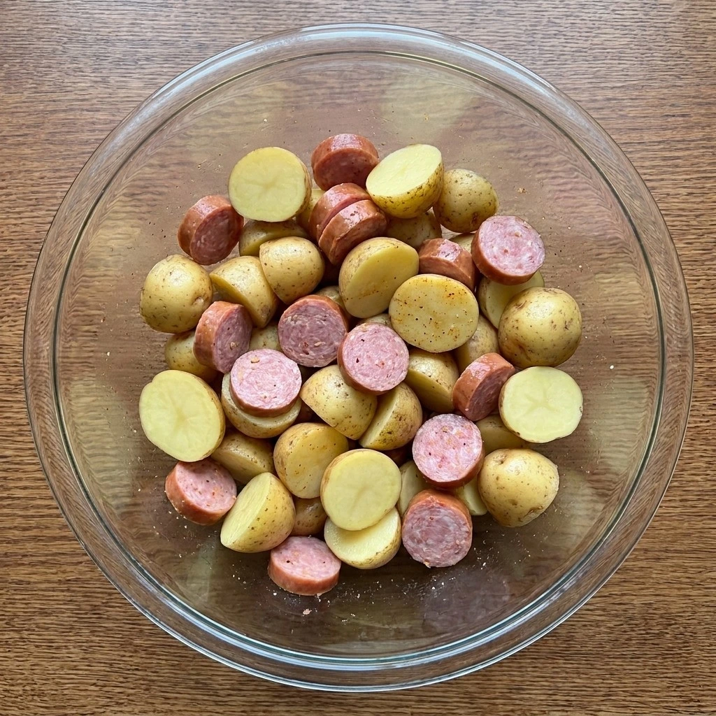 Crockpot Kielbasa and Potatoes sliced kielbasa and potatoes before slow cooking Recipe focus: cheap dinners for a family crockpot.
