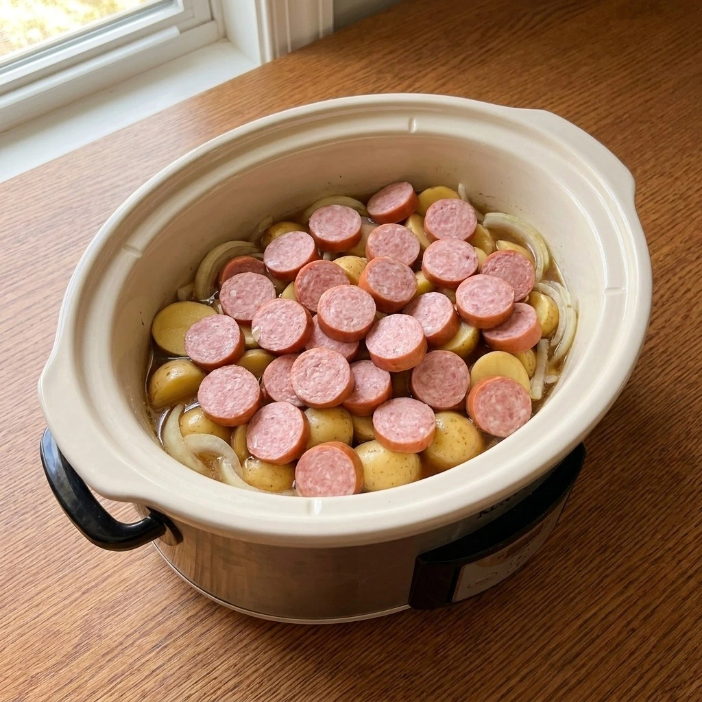 Crockpot Kielbasa and Potatoes layered inside slow cooker with sausage and potatoes Recipe focus: easy crockpot meals.