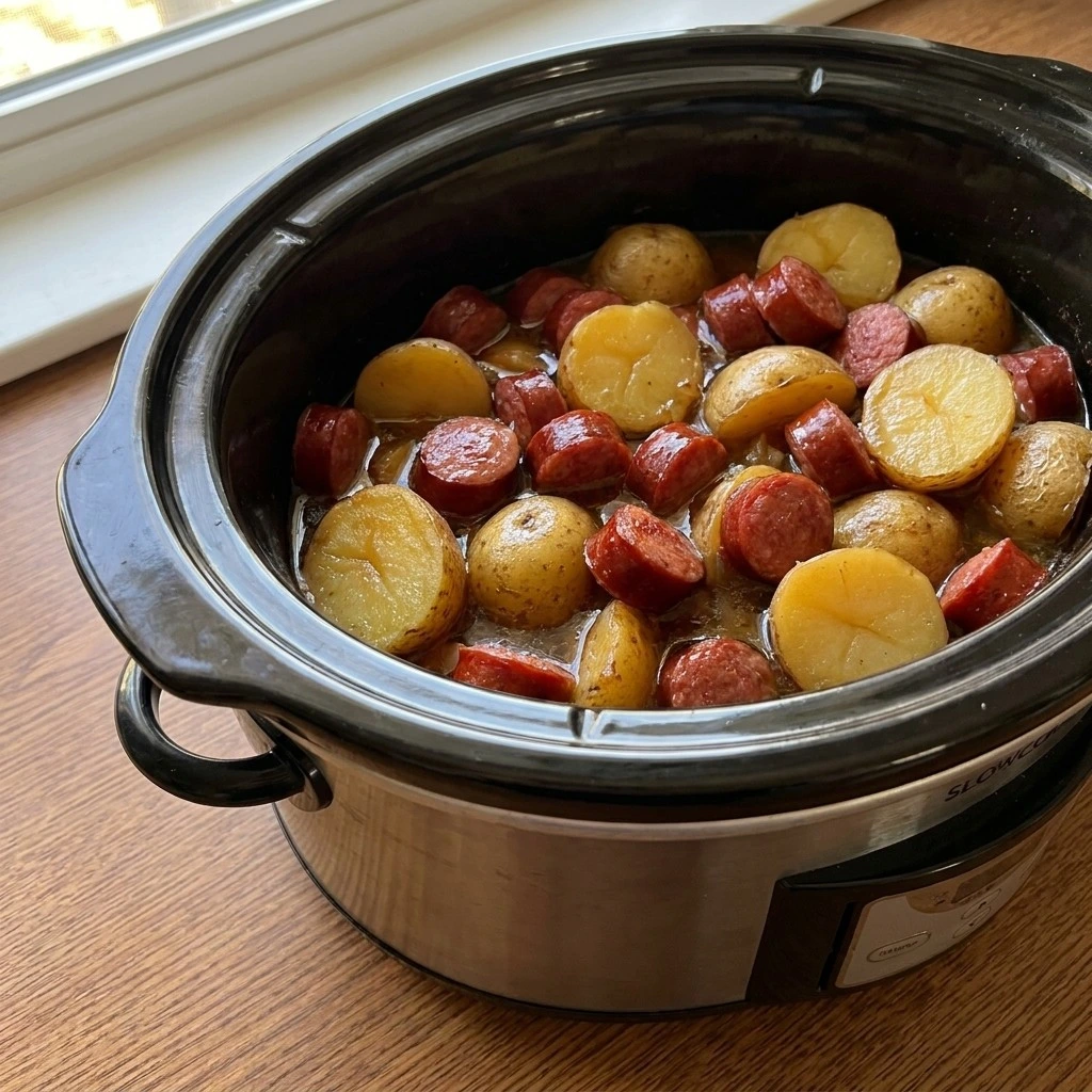 Crockpot Kielbasa and Potatoes slow cooked sausage and potatoes becoming tender Recipe focus: fall crockpot recipes.