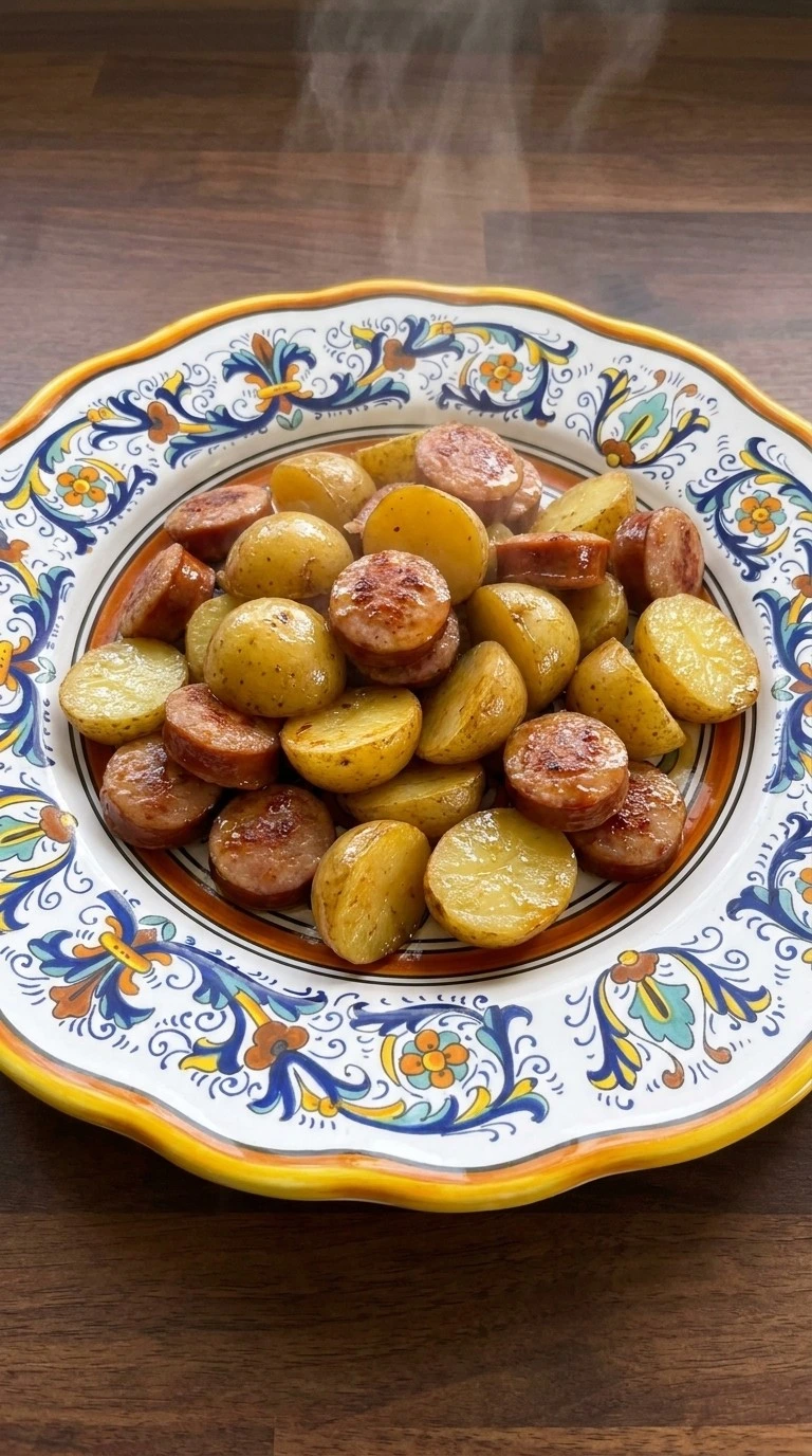 Crockpot Kielbasa and Potatoes plated portion with tender sausage and potatoes Recipe focus: kielbasa crockpot recipes.