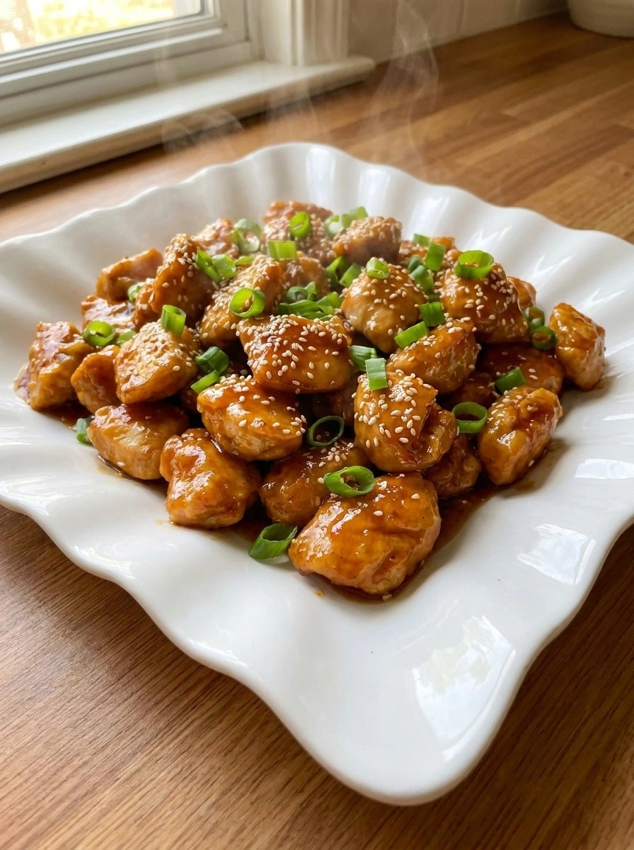 Crockpot Orange Chicken with glossy orange glazed chicken pieces and sesame seeds Recipe focus: orange chicken crockpot recipes.