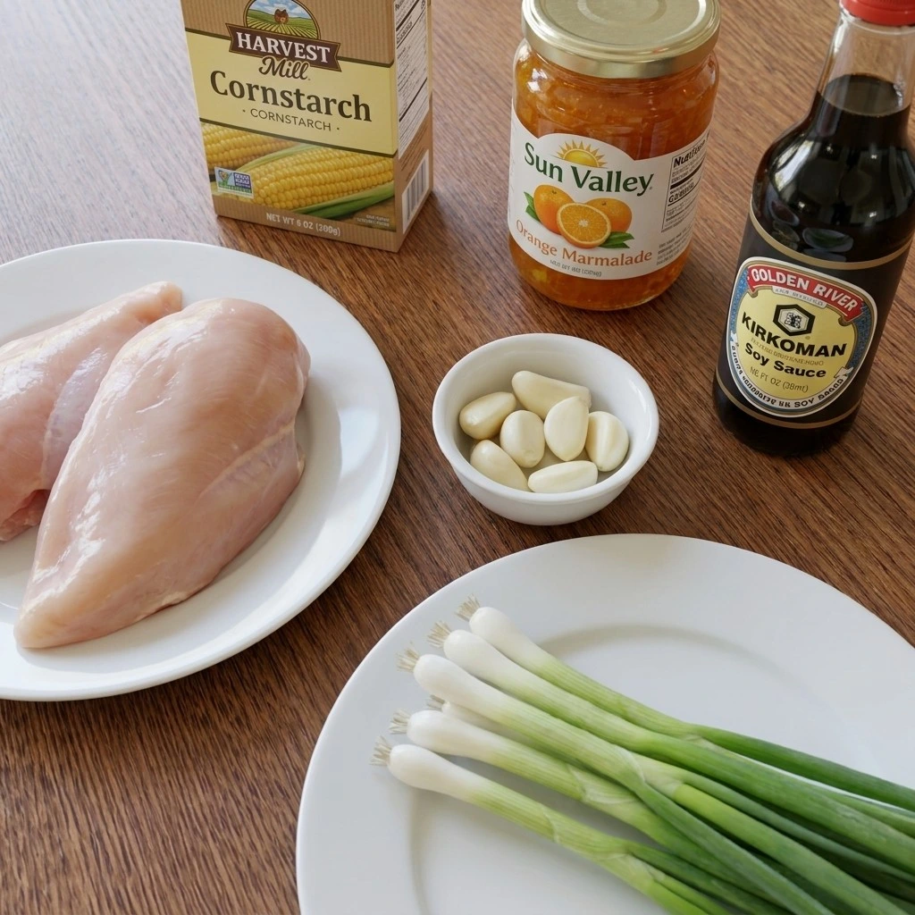 Crockpot Orange Chicken ingredients with chicken breast orange marmalade and sauces Recipe focus: baked orange chicken.