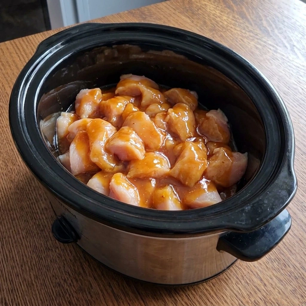 Crockpot Orange Chicken chicken pieces covered with orange sauce Recipe focus: easy crockpot meals.