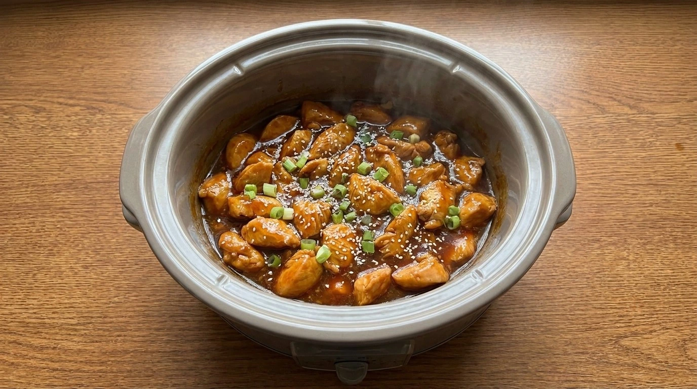 Crockpot Orange Chicken finished with sesame seeds and scallions Recipe focus: orange chicken crockpot recipes.