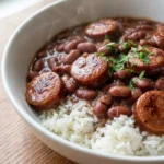 Crockpot Red Beans and Rice with glossy red beans and smoked sausage in a bowl Recipe focus: red beans and rice with sausage.