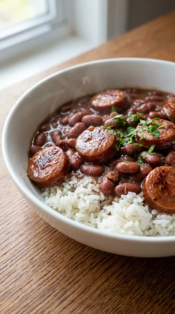 Crockpot Red Beans and Rice with glossy red beans and smoked sausage in a bowl Recipe focus: red beans and rice with sausage.