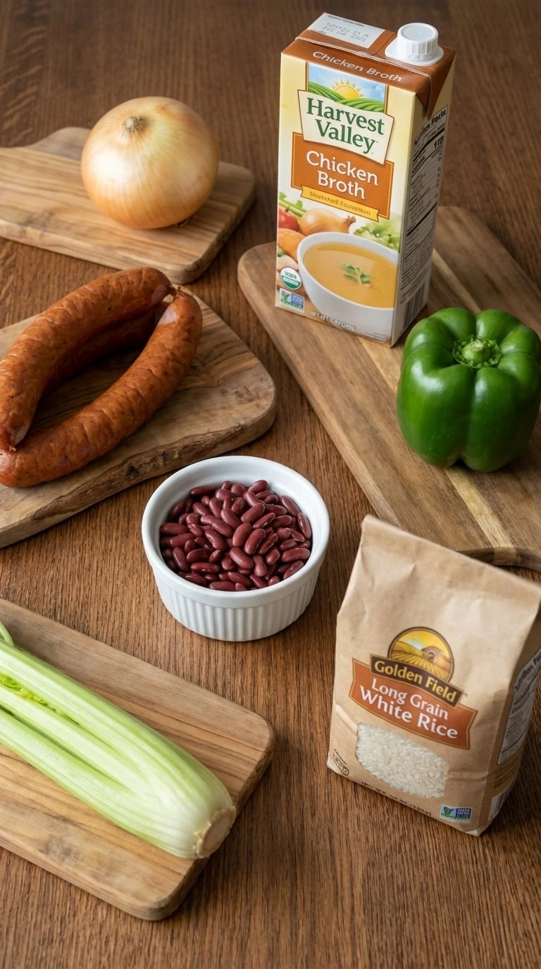 Crockpot Red Beans and Rice ingredients with red kidney beans sausage and spices Recipe focus: easy cajun recipes.