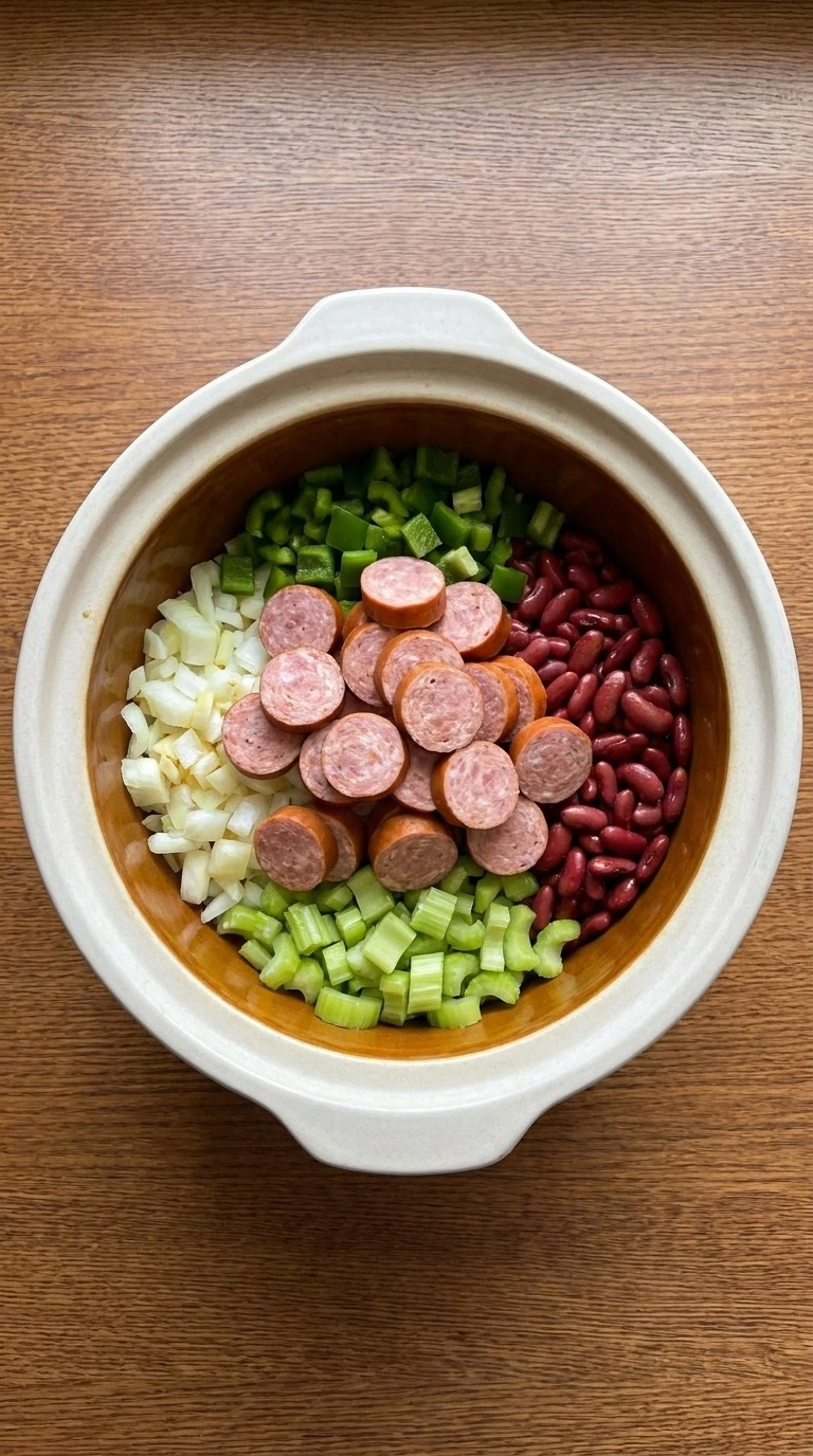 Crockpot Red Beans and Rice raw sausage beans and vegetables in the slow cooker Recipe focus: cheap dinners for a family crockpot.