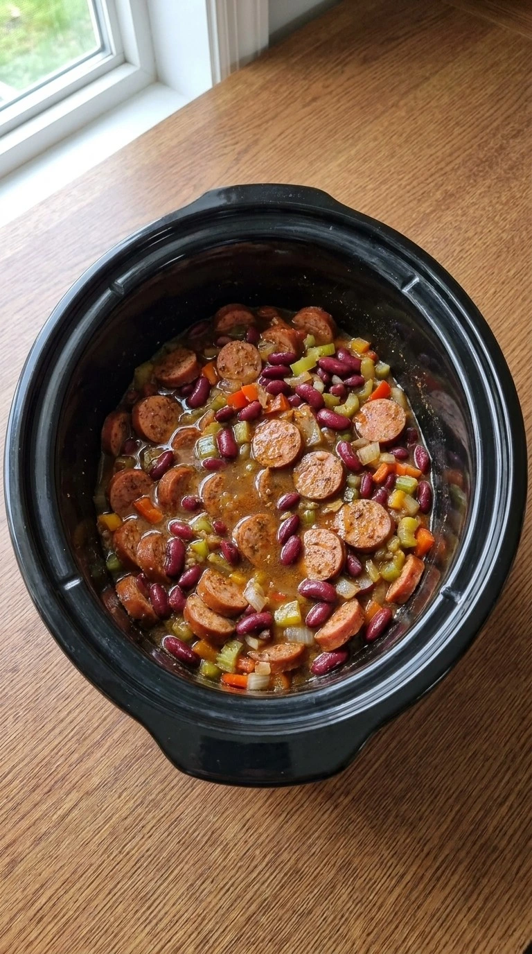 Crockpot Red Beans and Rice seasoning step with sausage beans and broth Recipe focus: comfort crockpot meals.
