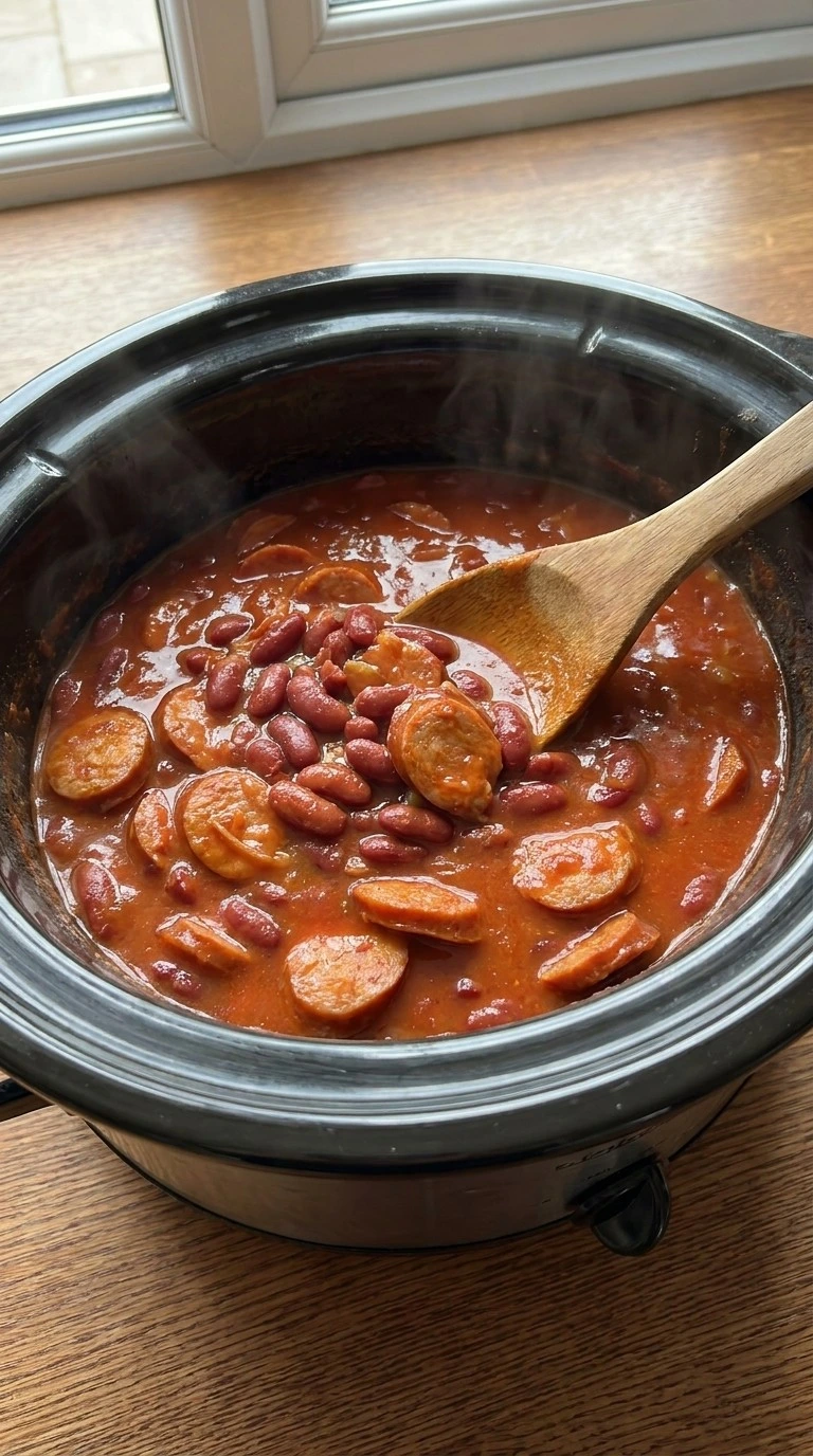 Crockpot Red Beans and Rice slow cooking beans becoming tender in sauce Recipe focus: winter crockpot recipes.