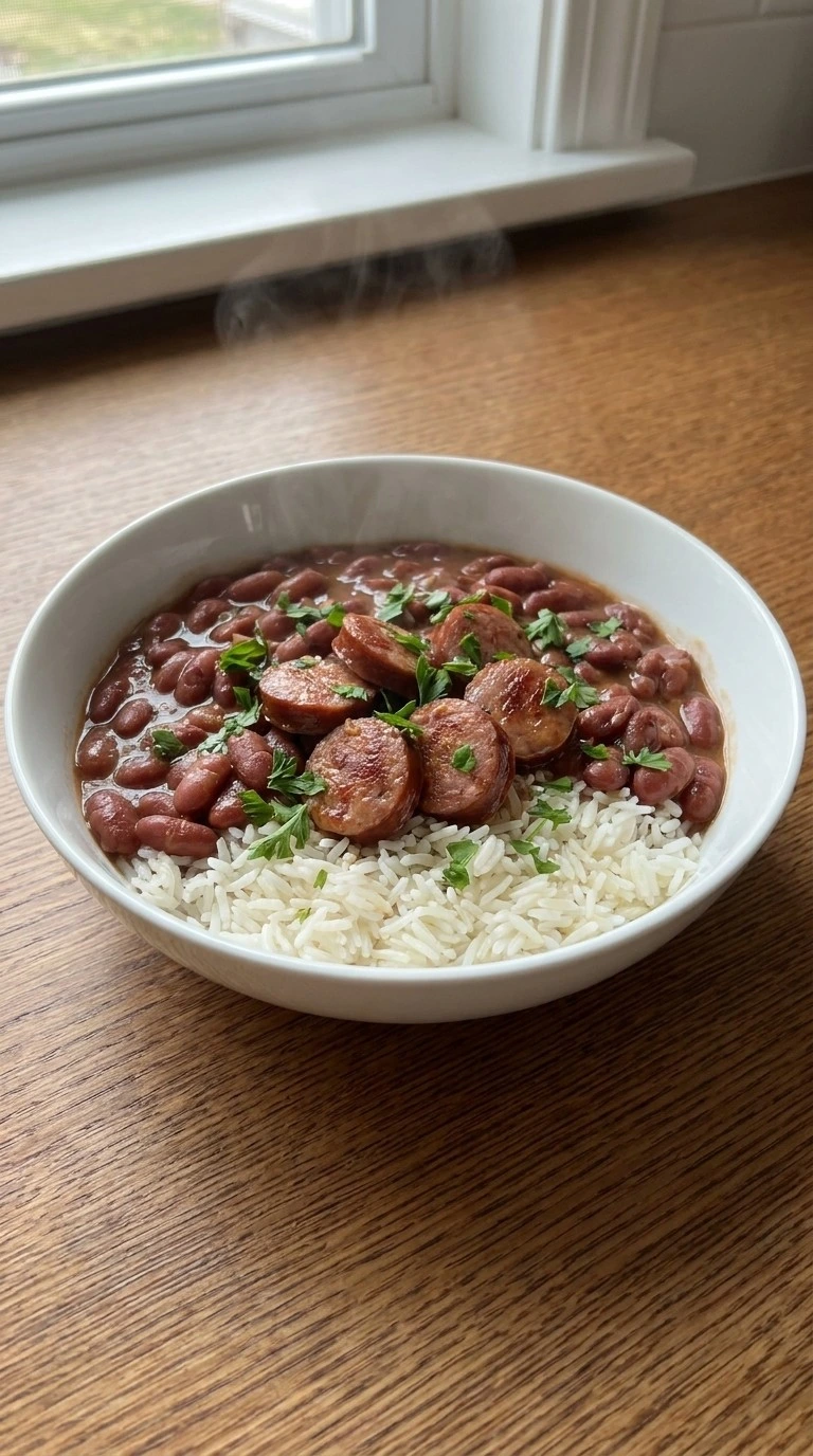 Crockpot Red Beans and Rice served with white rice and sausage Recipe focus: red beans and rice with sausage.