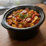 Crockpot Sausage and Peppers with golden Italian sausage peppers and potatoes Recipe focus: sausage and peppers crockpot.