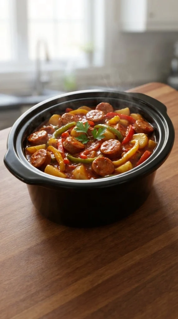 Crockpot Sausage and Peppers with golden Italian sausage peppers and potatoes Recipe focus: sausage and peppers crockpot.