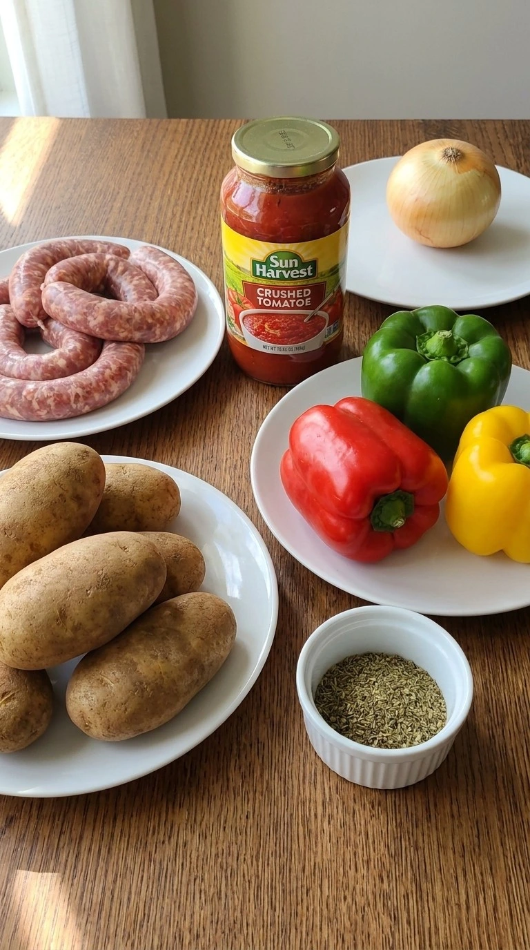 Crockpot Sausage and Peppers ingredients including Italian sausage peppers and potatoes Recipe focus: sausage crockpot dinners.