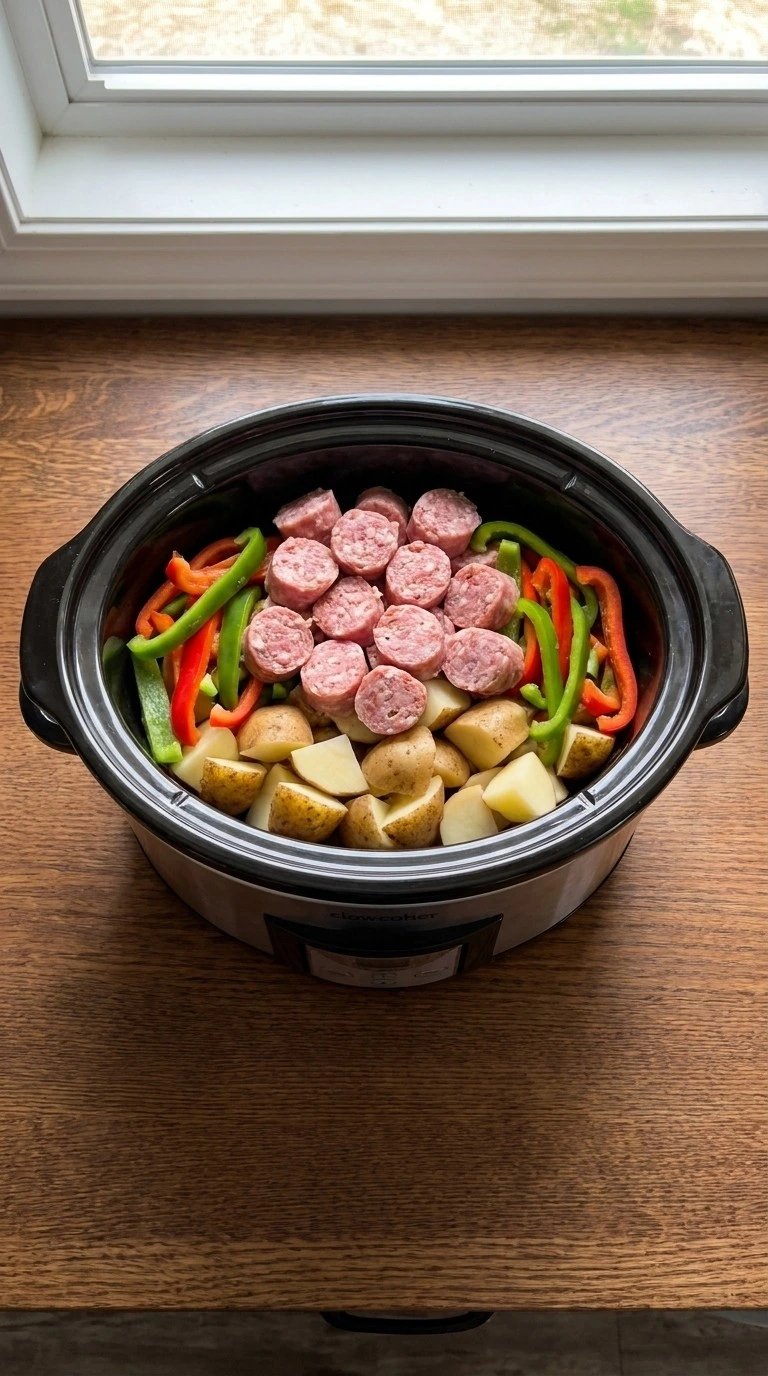 Crockpot Sausage and Peppers sliced sausage peppers and potatoes before cooking Recipe focus: game day snacks.