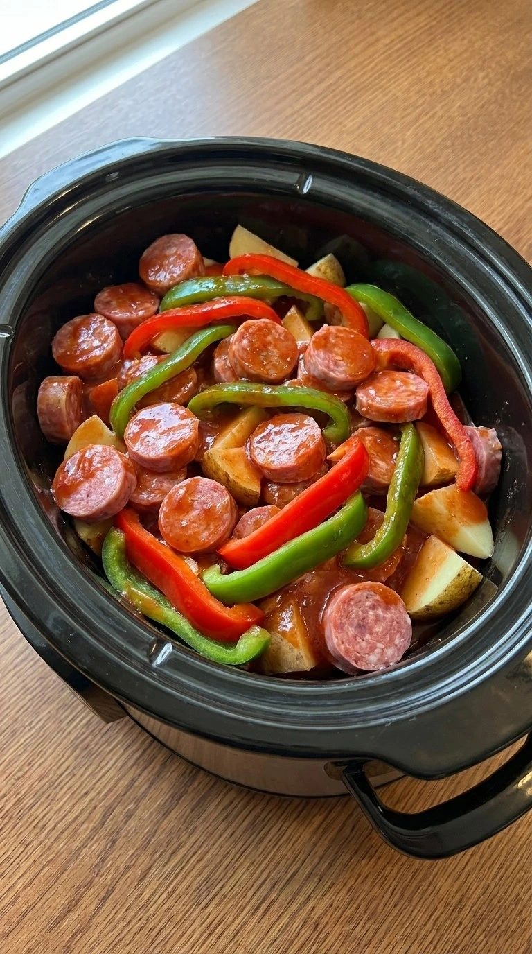 Crockpot Sausage and Peppers coated with tomato sauce and seasonings Recipe focus: easy crockpot meals.
