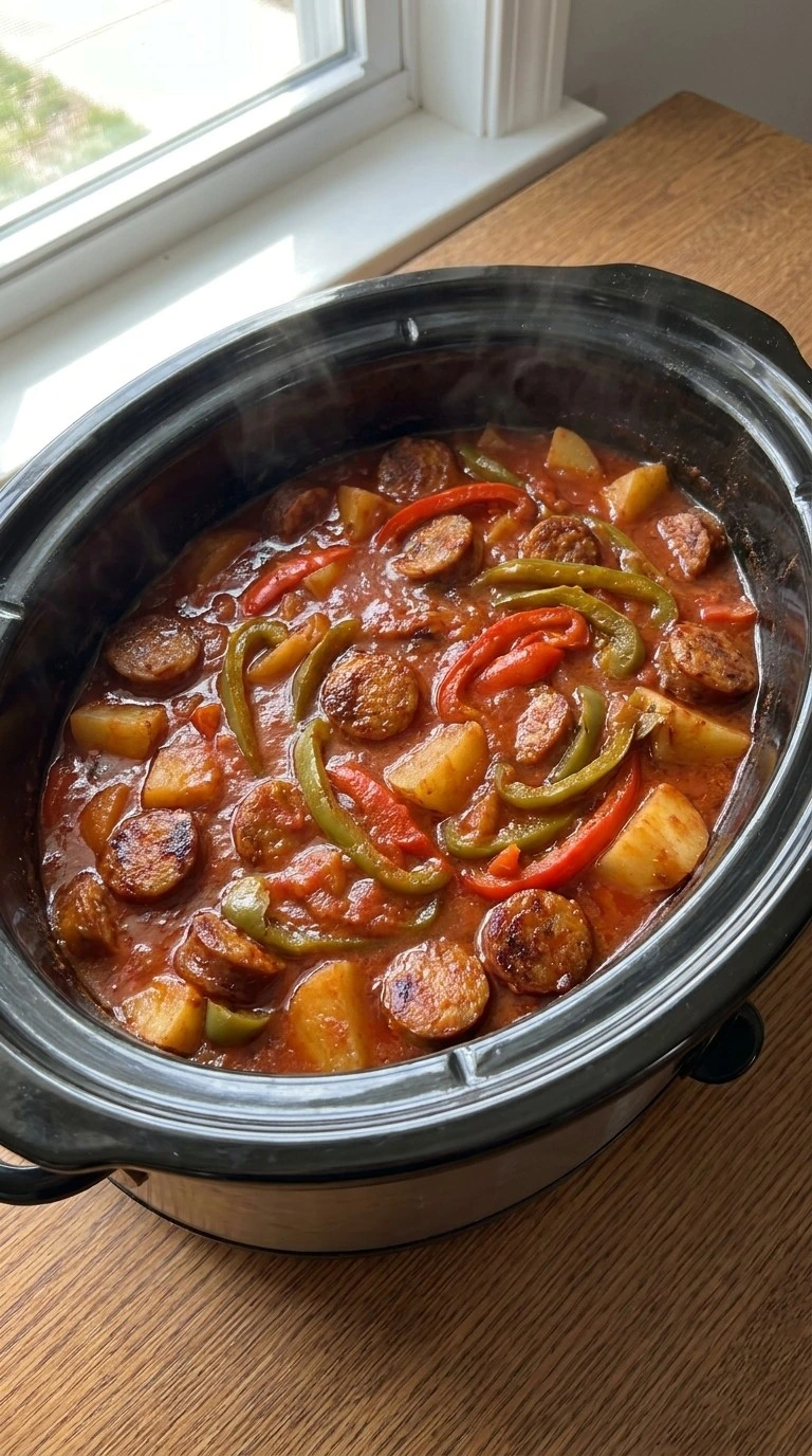 Crockpot Sausage and Peppers slow cooking with glossy sauce and tender vegetables Recipe focus: fall crockpot recipes.