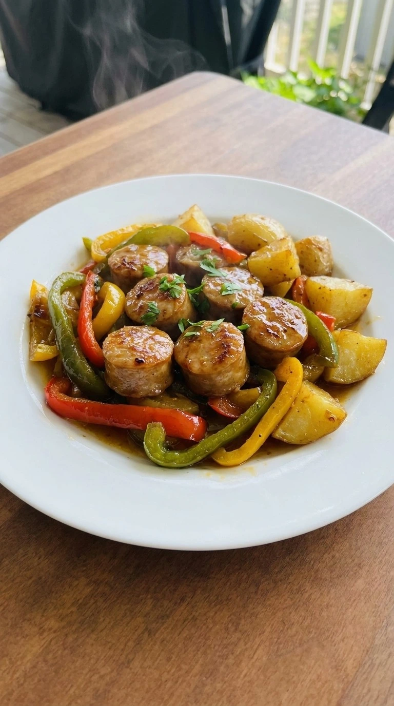 Crockpot Sausage and Peppers single serving with sausage peppers and potatoes Recipe focus: sausage and peppers crockpot.