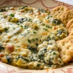 Crockpot Spinach Artichoke Dip in a ceramic dish with creamy spinach and artichoke texture Recipe focus: crockpot spinach dip.