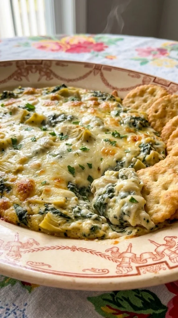 Crockpot Spinach Artichoke Dip in a ceramic dish with creamy spinach and artichoke texture Recipe focus: crockpot spinach dip.
