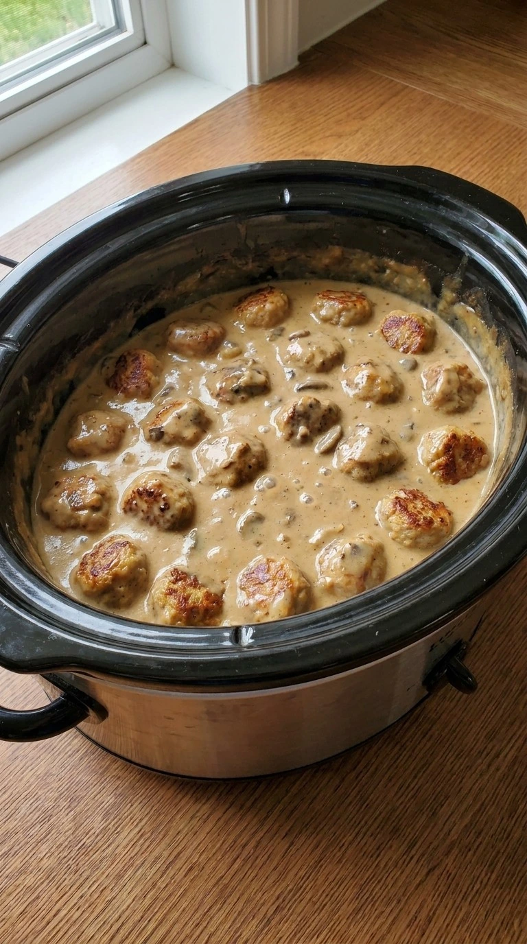 Crockpot Swedish Meatballs simmering in creamy sauce inside slow cooker Recipe focus: easy crockpot meals.