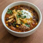 Crockpot Taco Soup with ground beef beans corn and tortilla strips in a slow cooker Recipe focus: taco soup recipe crockpot.