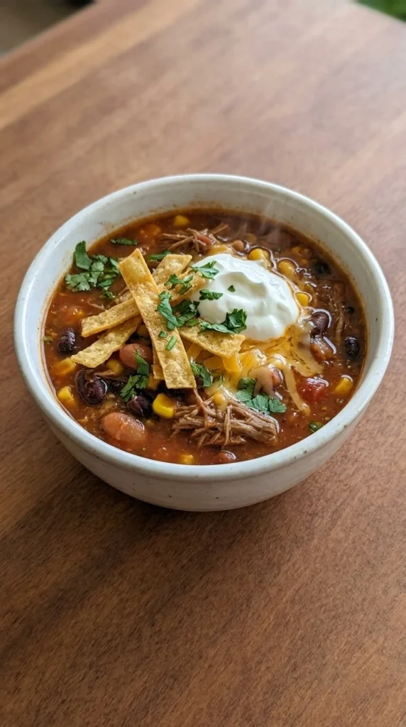 Crockpot Taco Soup with ground beef beans corn and tortilla strips in a slow cooker Recipe focus: taco soup recipe crockpot.