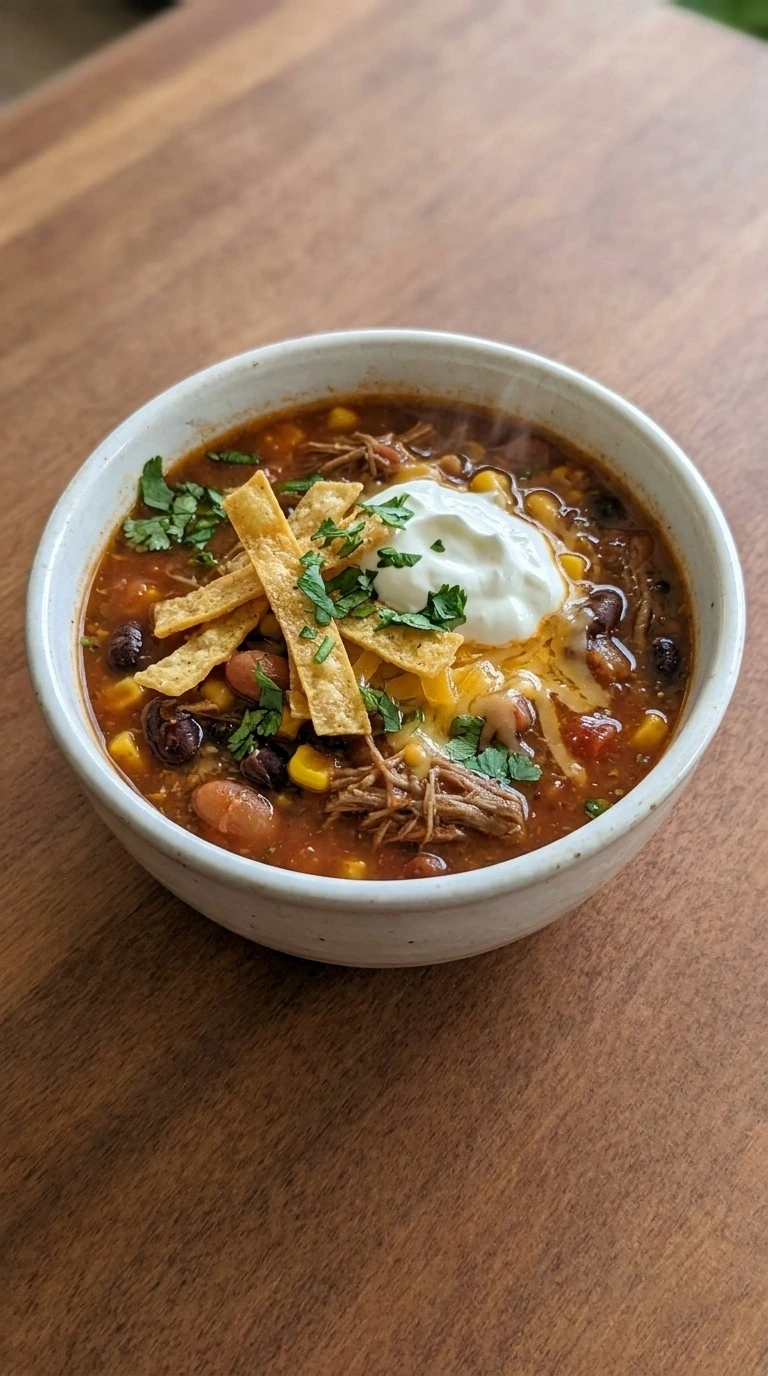 Crockpot Taco Soup with ground beef beans corn and tortilla strips in a slow cooker Recipe focus: taco soup recipe crockpot.